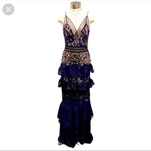 PatBo PATRICIA BONALDI Tiered Lace Velvet Mesh Beaded Gown Maxi Dress 8